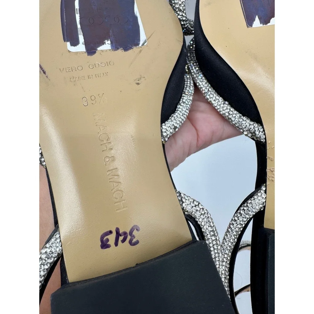 MACH & MACH Flawed Double Bow Flats Women 39.5 Black Crystal Embellished Satin